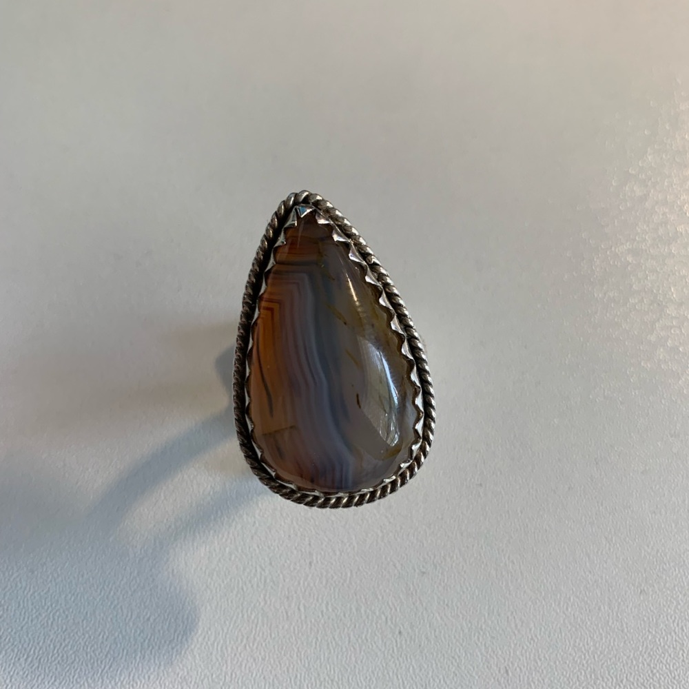 Sterling Silver 925 Montana Agate Cow Teardrop shaped ring